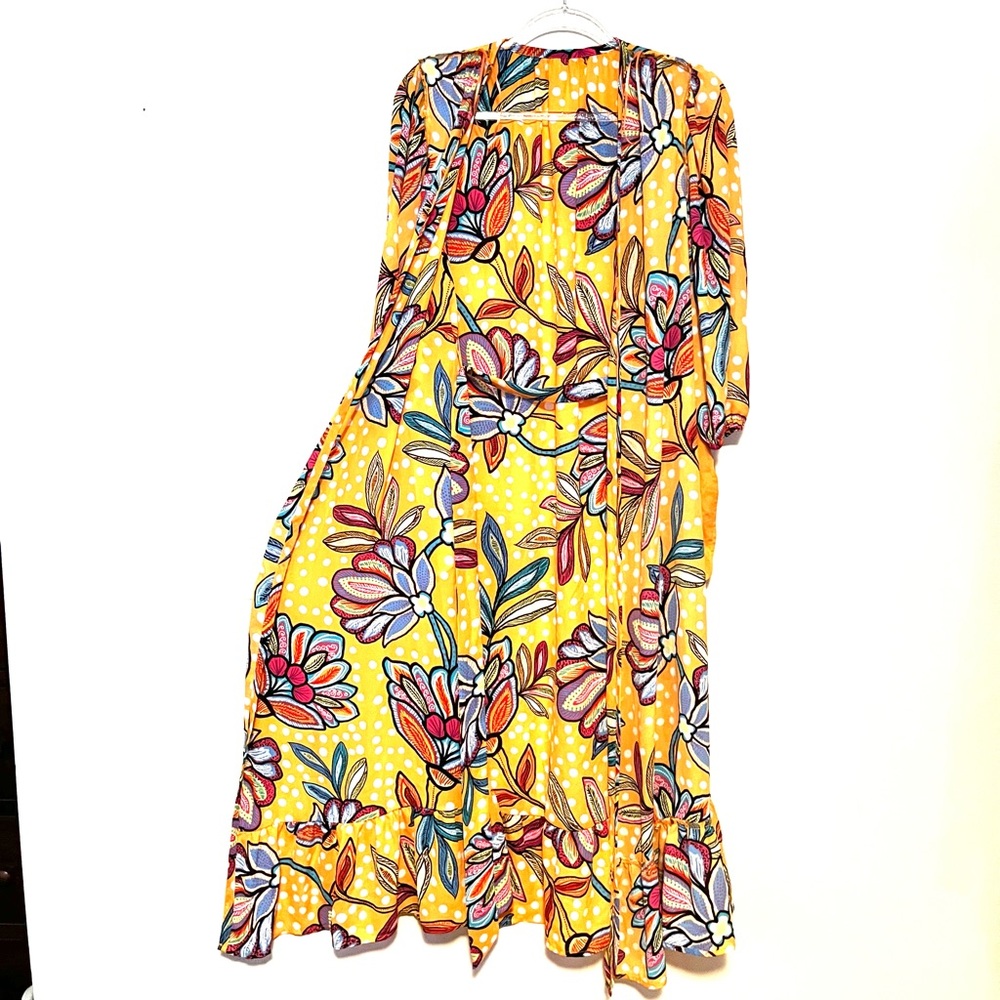 Tabitha Brown Floral Polka Dots Print Belted Cover Up / Wrap with Pockets sz S - Picture 7 of 12